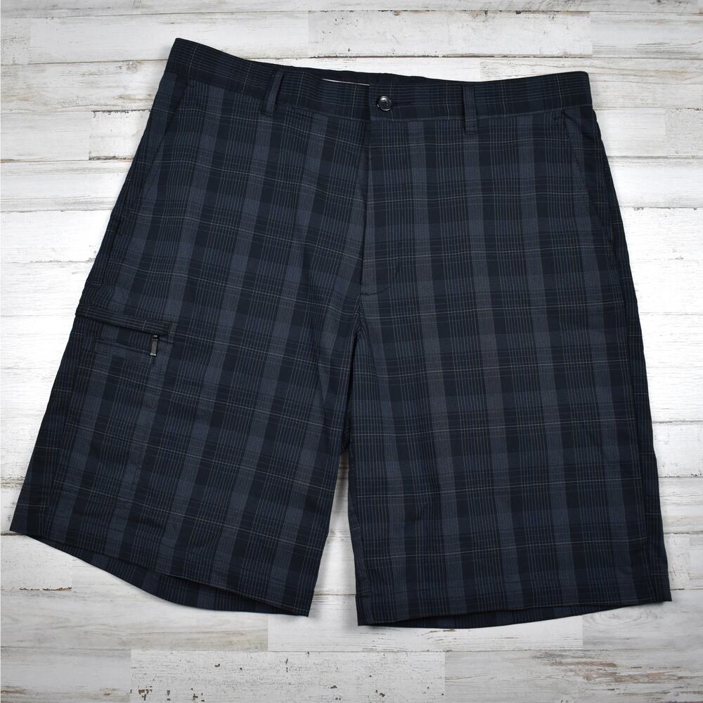 Greg Norman Plaid Shorts Men's 34 Relaxed Black Utility Pocket Golf Chino Skater